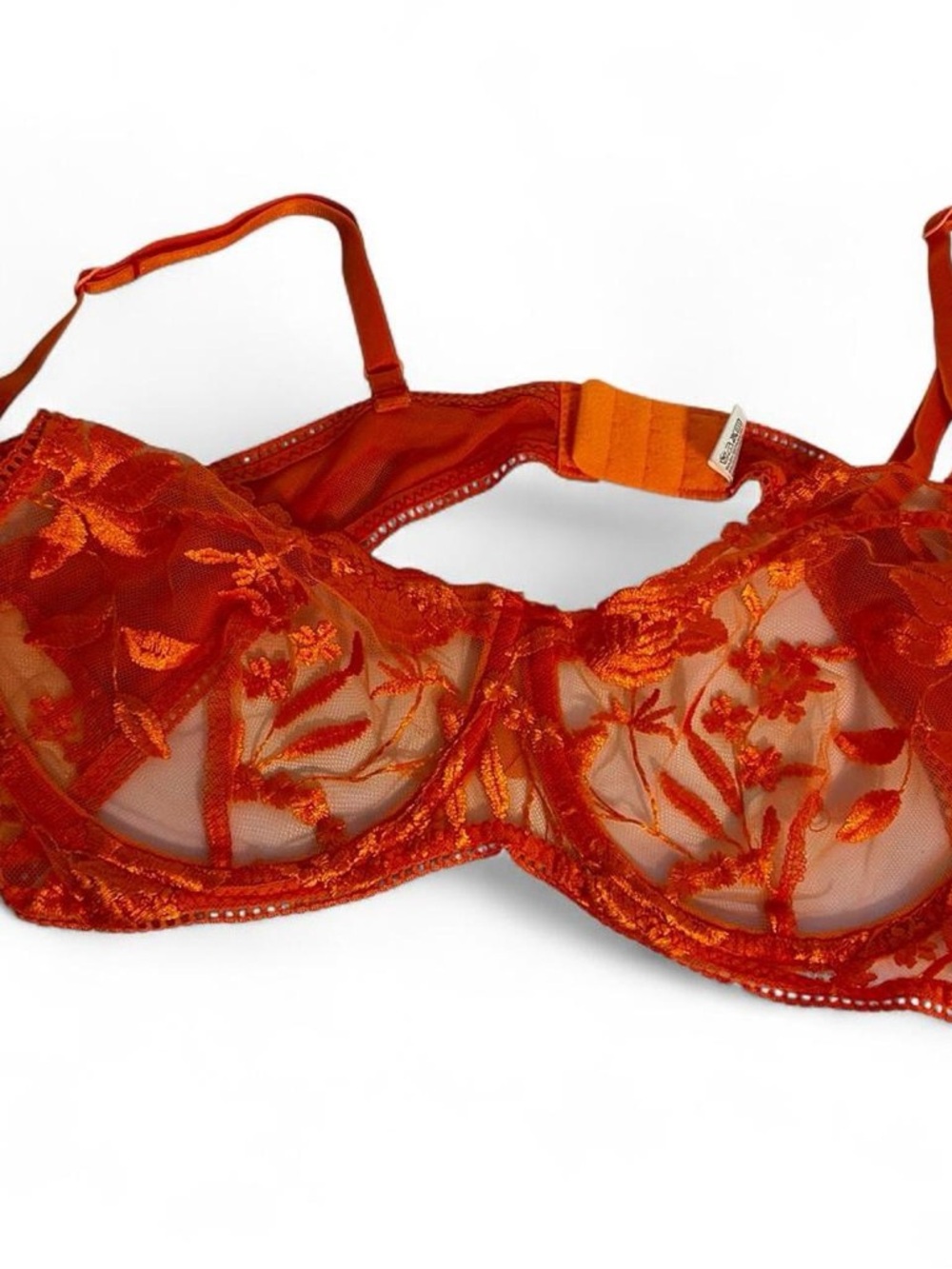 Sheer Floral Embroidered Underwire Orange Bra Womens size L Festival Rave Sexy